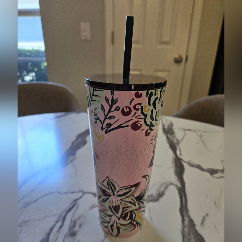 CLEARANCE Starbucks 2022 Enchanted Forest Winter Pink Tumbler W/Lid Straw